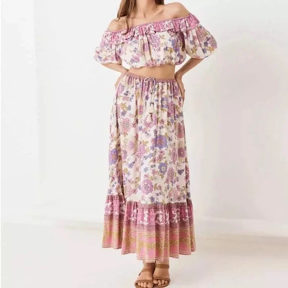 SOLD OUT Waverly Floral Gypsy Bohemian Off Shoulder Blouse & Maxi Ruffle Skirt - Picture 5 of 13